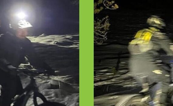 A collage of two photos, fat bikers bike on snow covered trails in the night, with lights illuminating the path