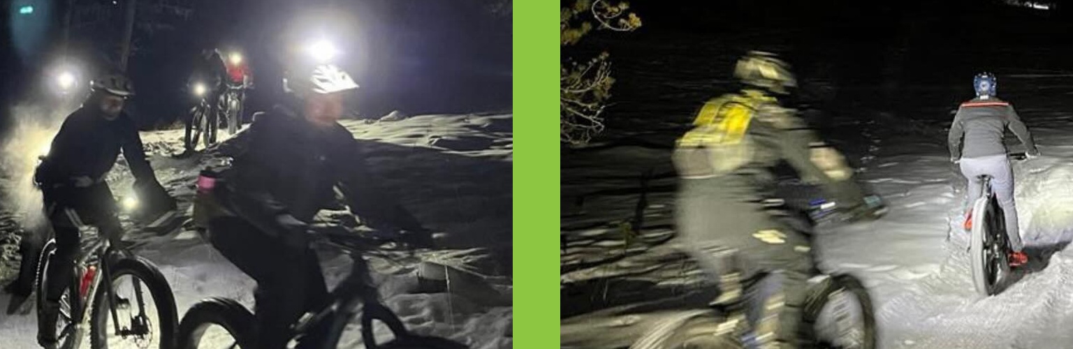 A collage of two photos, fat bikers bike on snow covered trails in the night, with lights illuminating the path