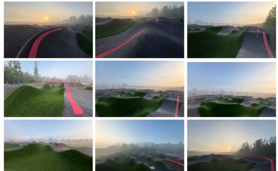 Multiple shots of a velosolutions asphalt pump track